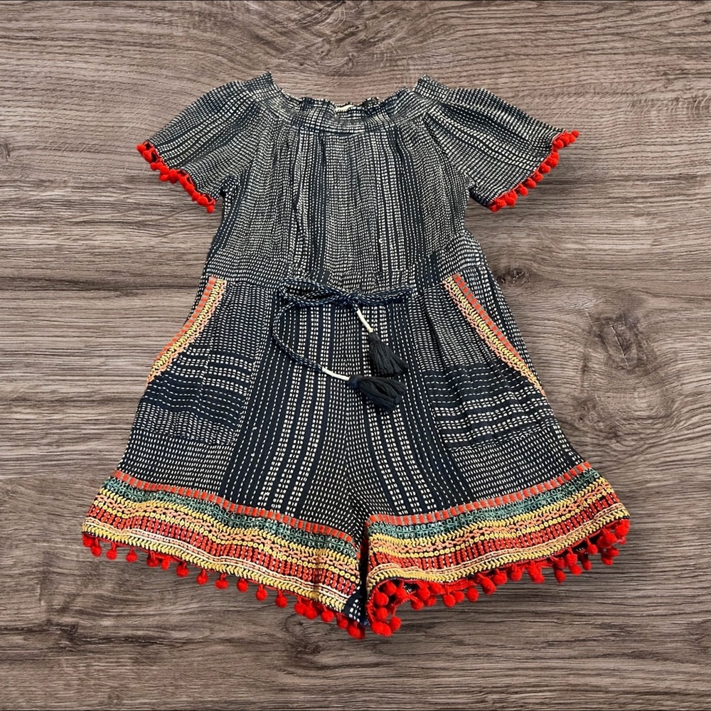 THML Anthropologie Bohemian Off The Shoulder Romper Pompoms Size XS